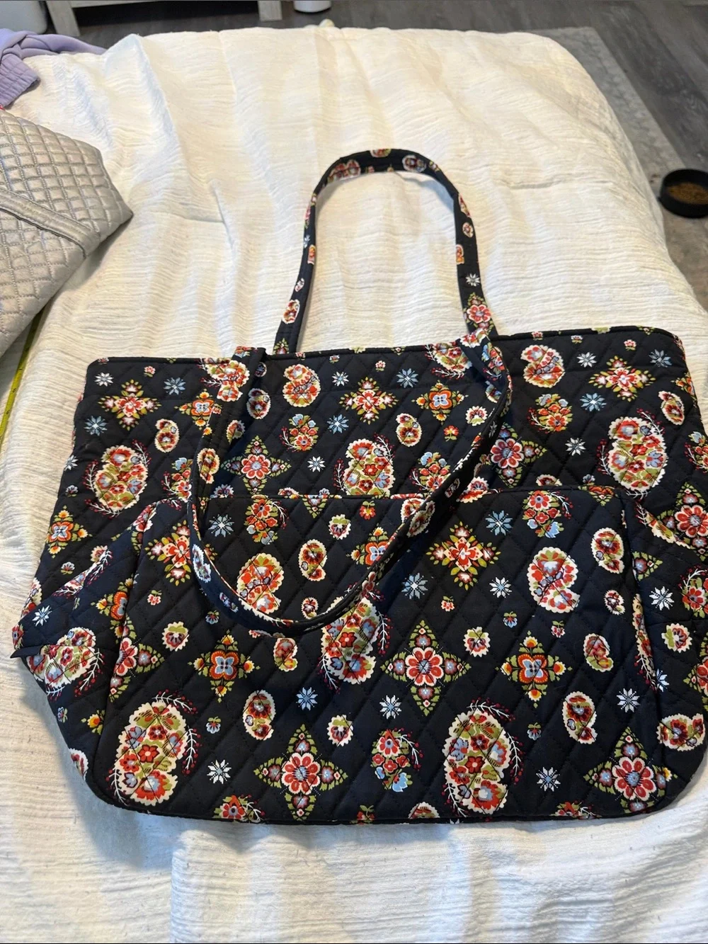 Vera Bradley Black Quilted Floral Tote with Multicolor Medallions